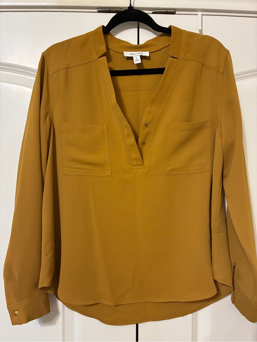 Nine West Mustard Split V-Neck Blouse